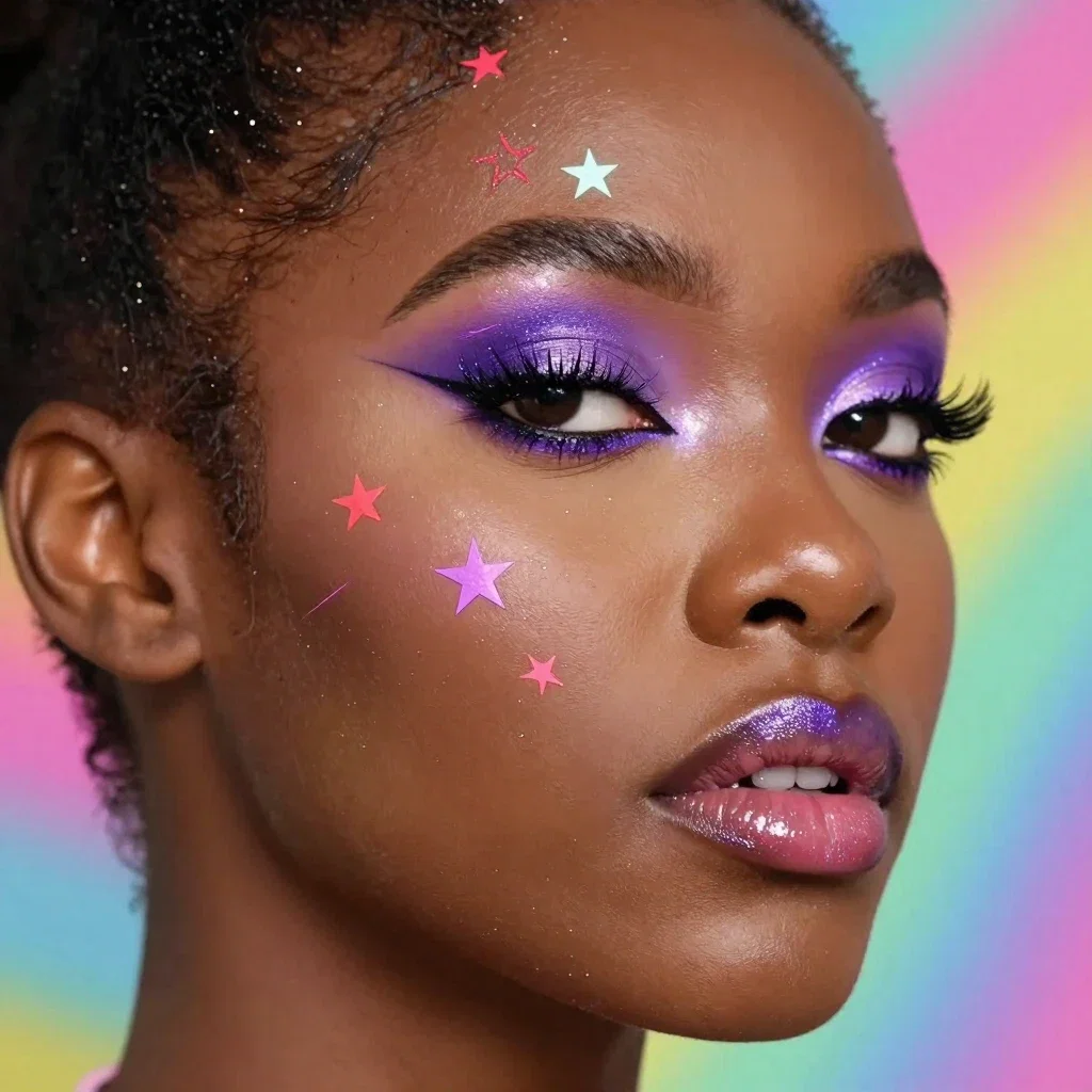 african model neon eye makeup abstract background