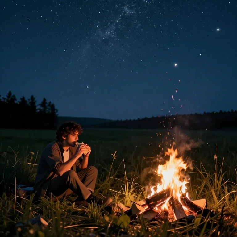 lonely man by campfire with shooting stars