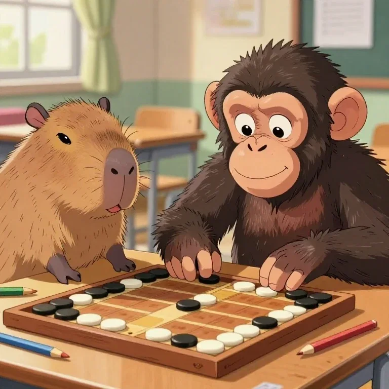 anime chimpanzee capybara playing othello classroom