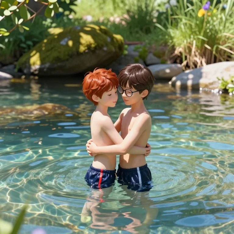two boys swimming in turquoise stream