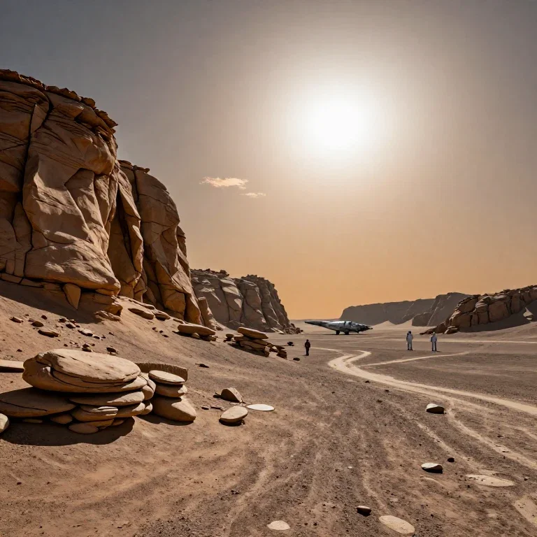 rocky desert mountains orange sky spaceship astronauts