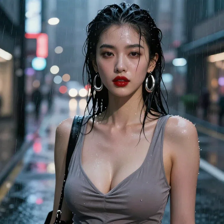 japanese woman city night rain neon