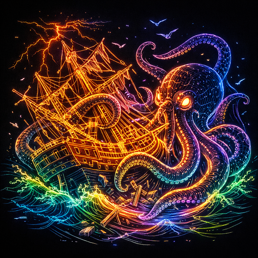 glowing kraken attacks ship art