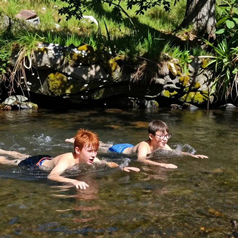 two boys swimming in a stream