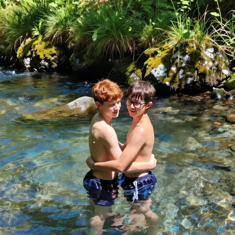 two boys hugging in stream summer day