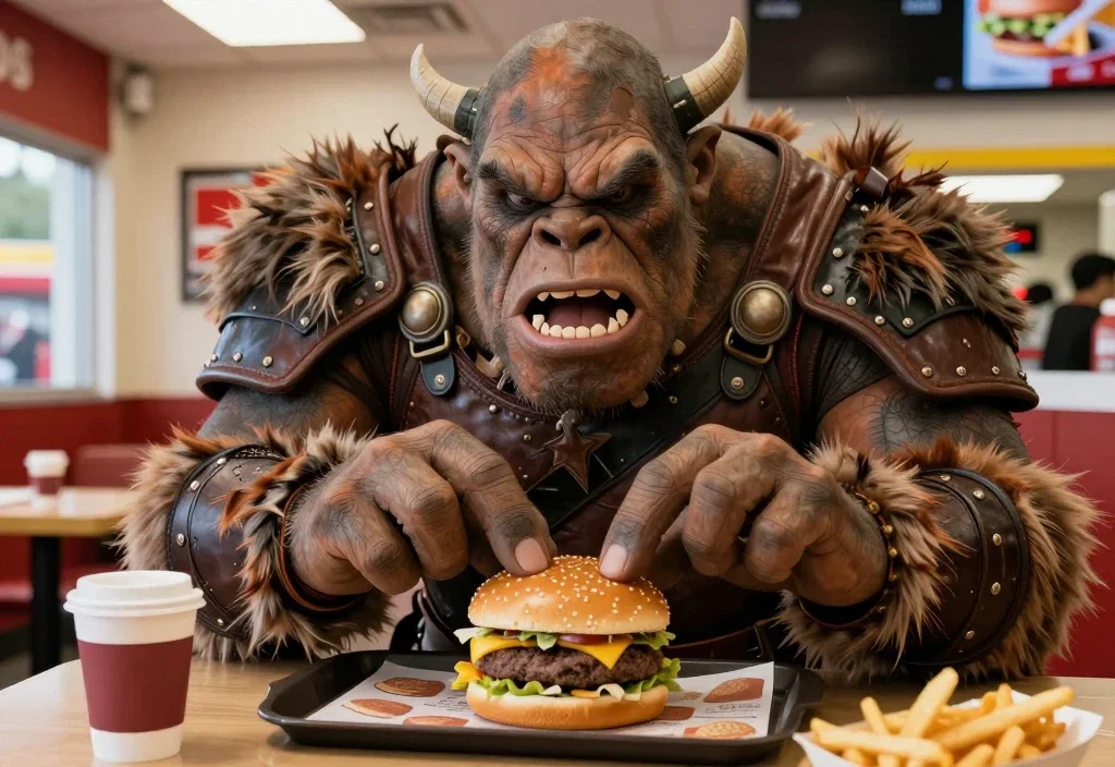 ogre in hamburger store with small burger