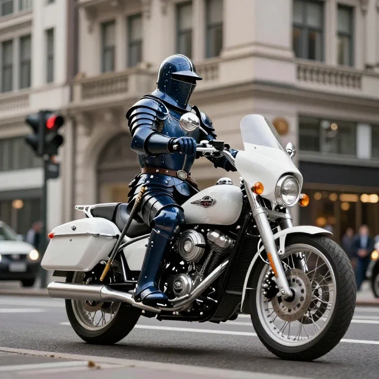 dark blue knight on white bike waiting