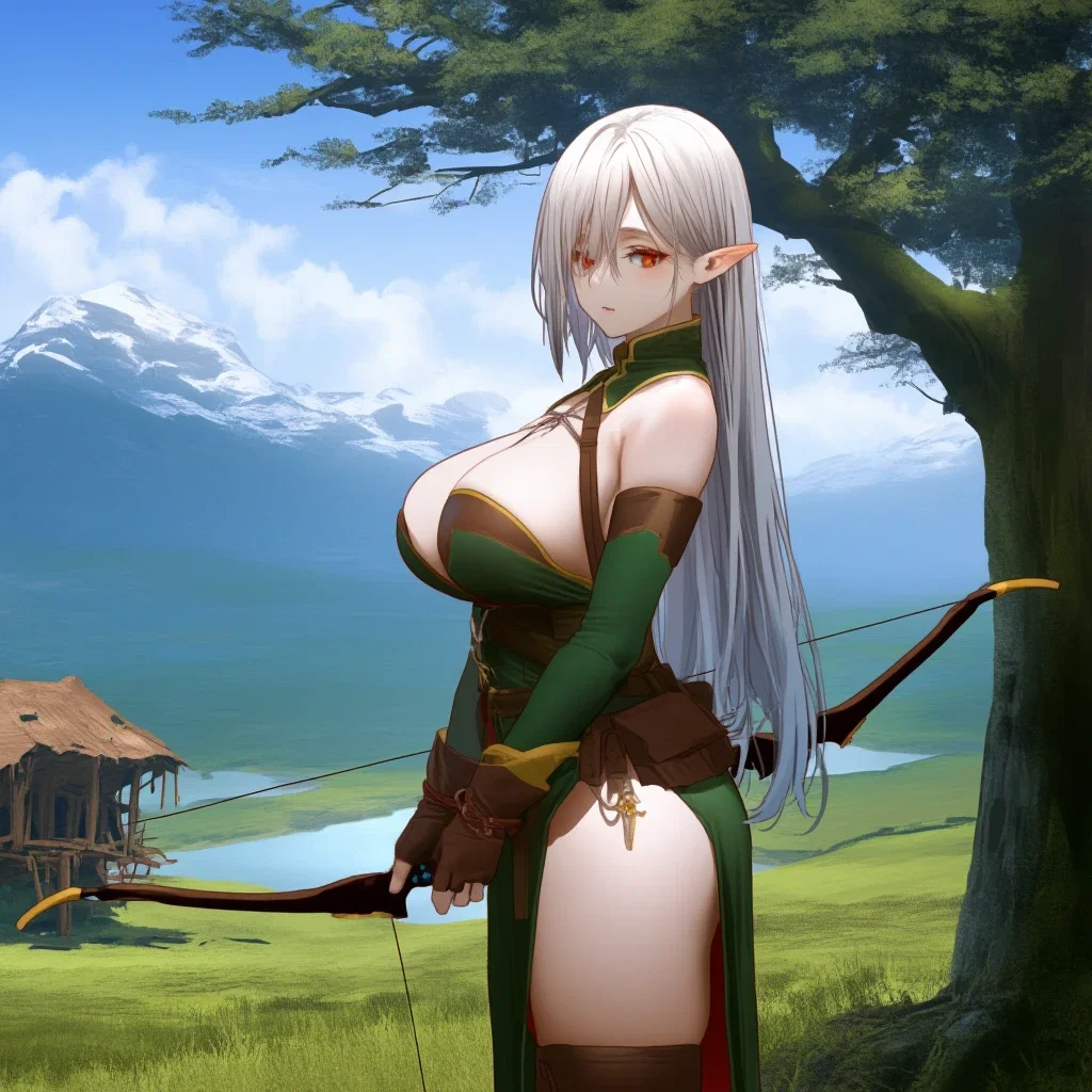 elf beautiful girl bow mountains treehouse river