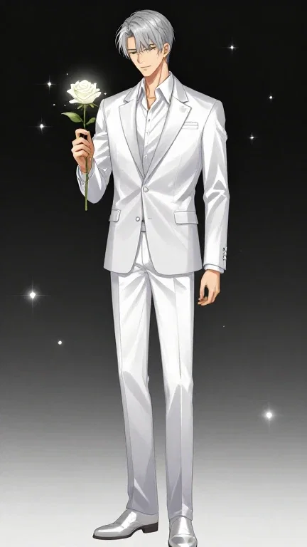 silver haired man white suit offering rose