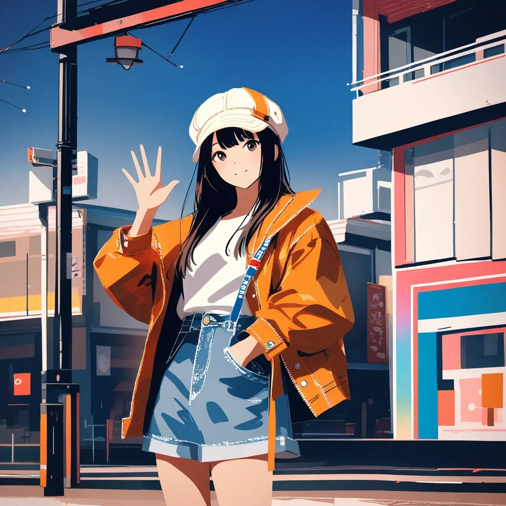 artistic denim fashion woman waving outdoor
