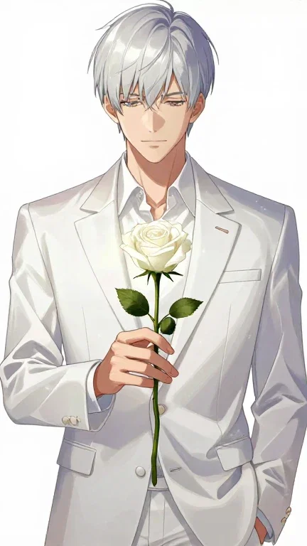 silver haired man white suit offering rose
