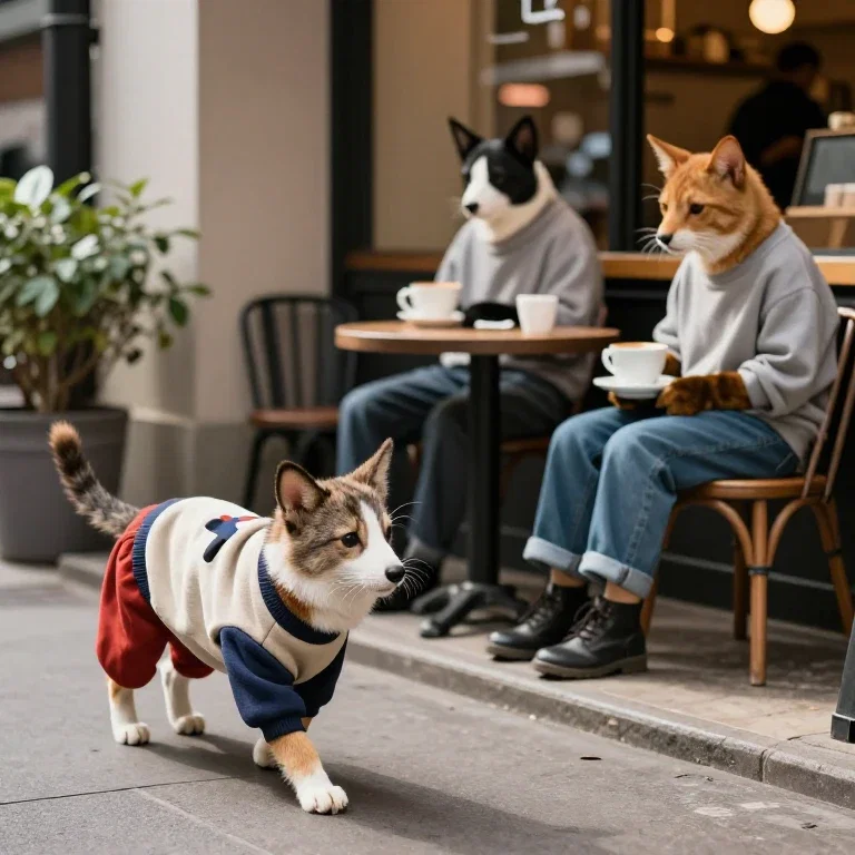 animals in clothes drinking coffee in cafe