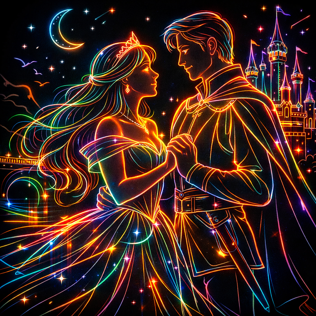 glowing line art of prince and princess at castle