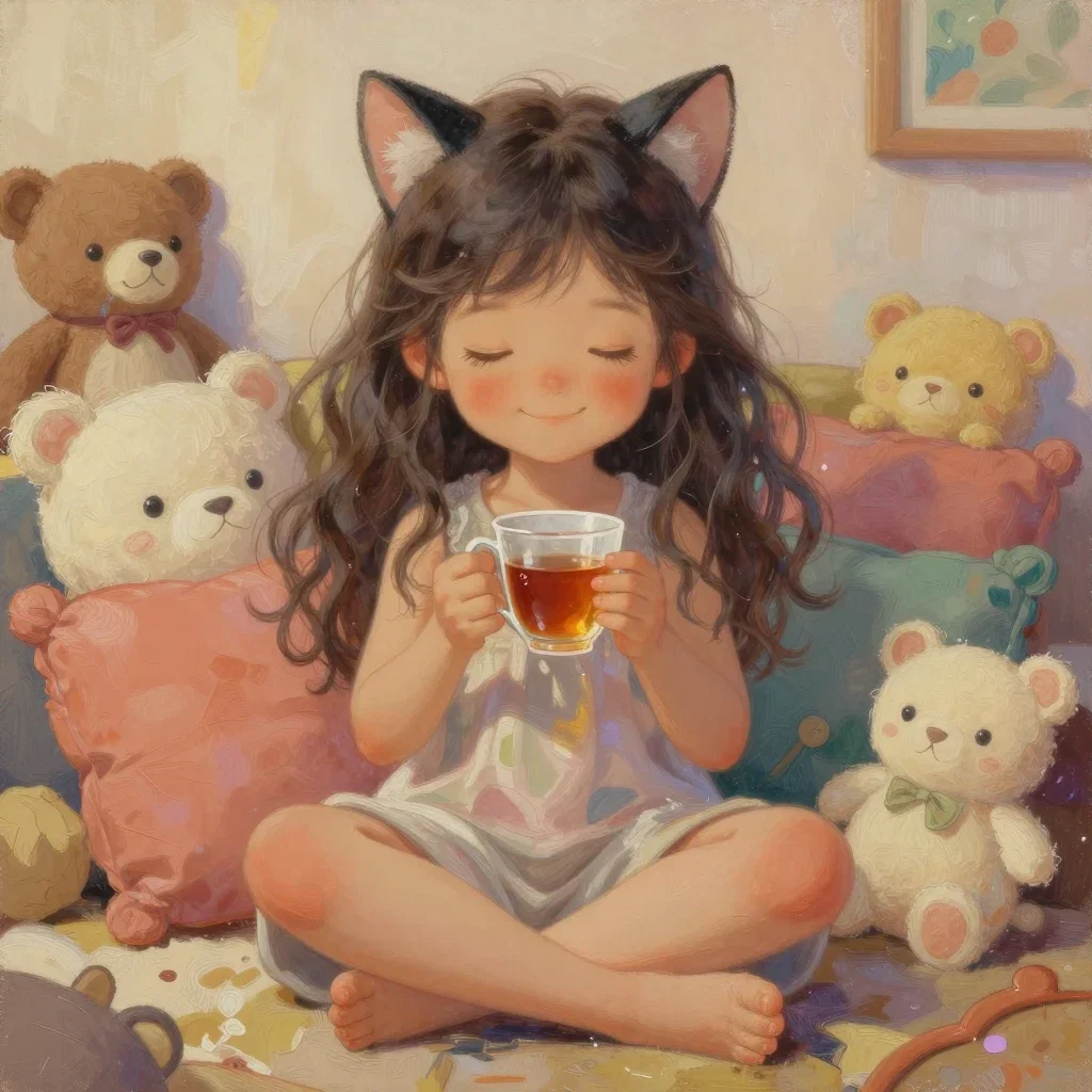 anthropomorphic cat girl drinks tea with plush toys