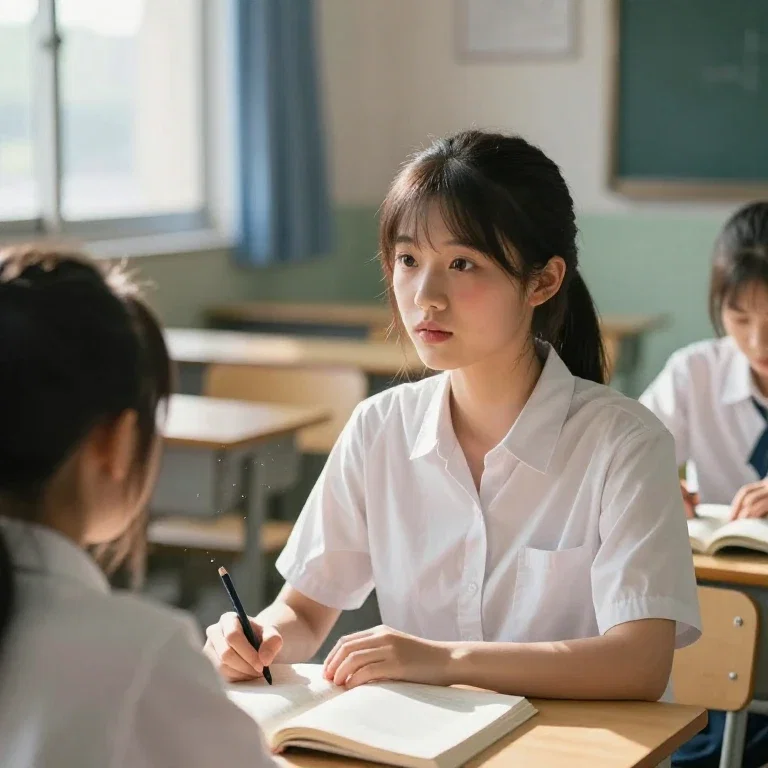 young female teacher attentive student empty classroom