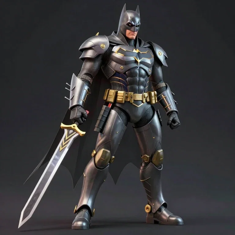 batman character in black suit with gold accents