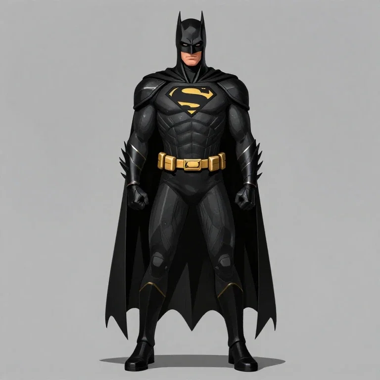 superman batman character black suit gold accents