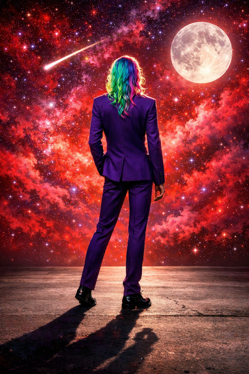 male wavy long hair purple suit back view