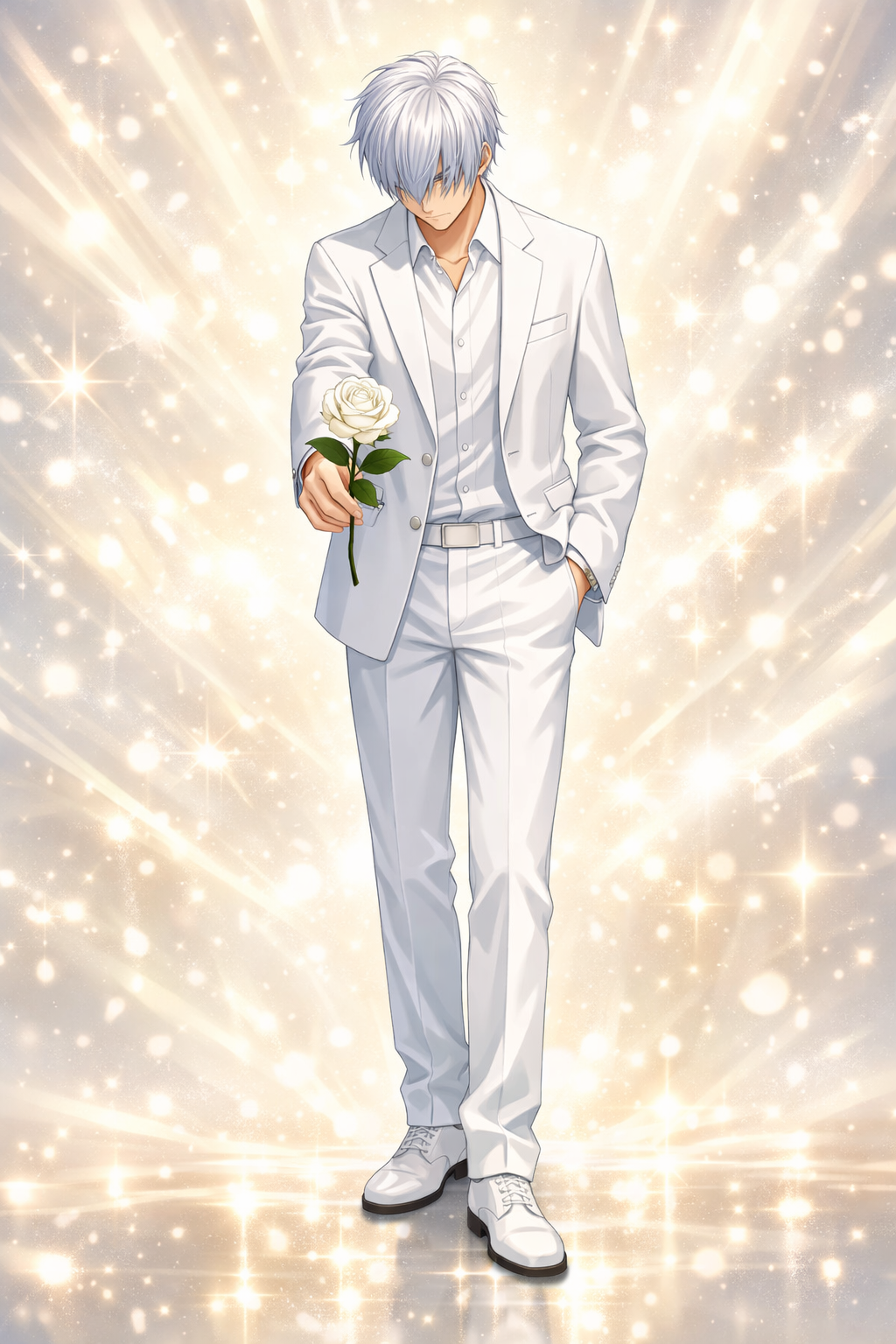 silver haired man white suit offering rose