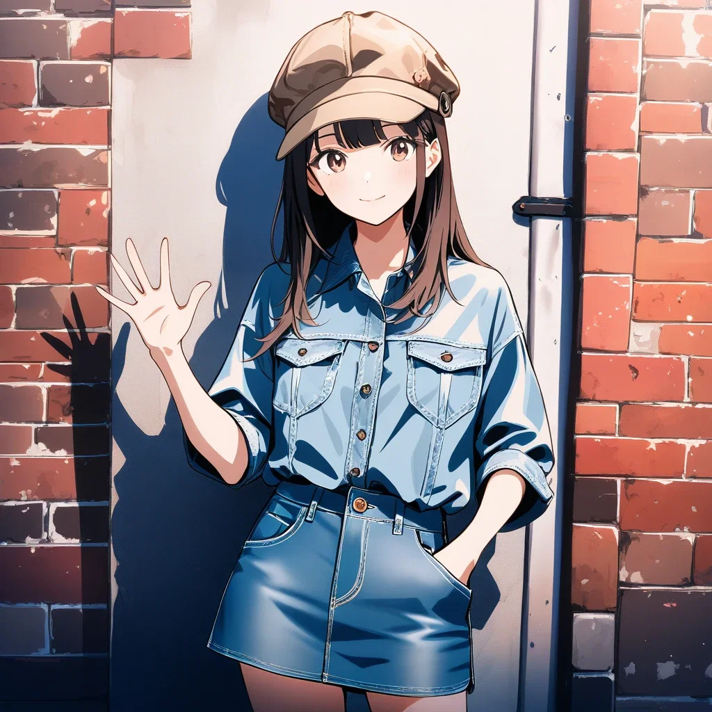 artistic denim fashion woman waving outdoor