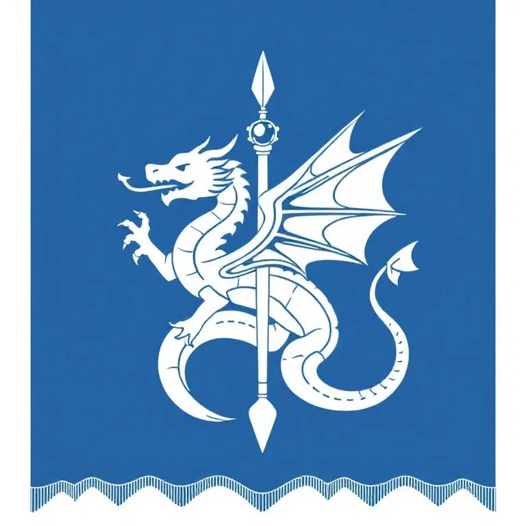 blue white banner with dragon and spear
