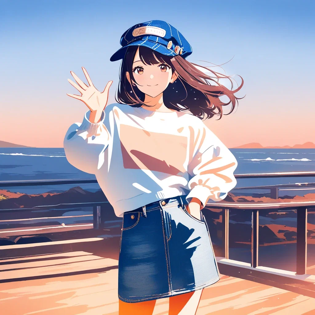 artistic denim fashion woman waving outdoor
