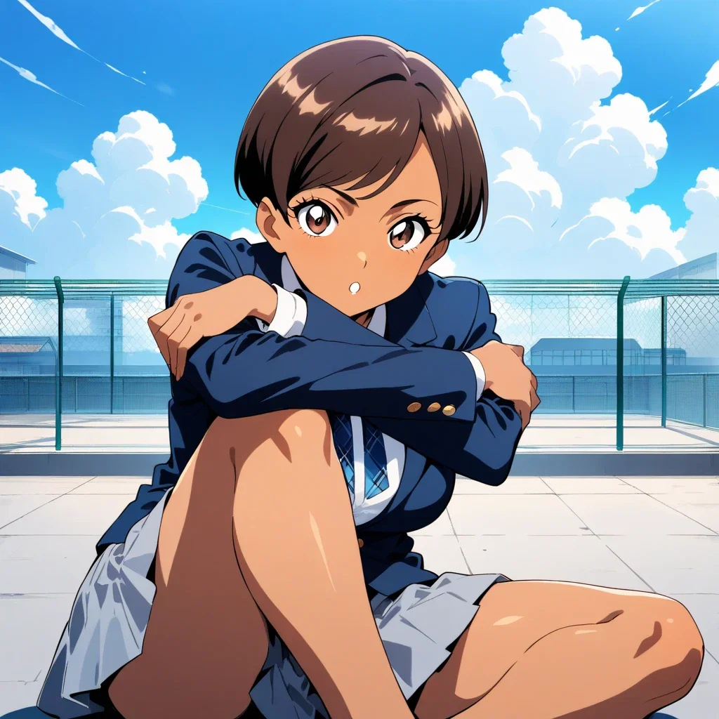 brown haired tanned girl in school uniform