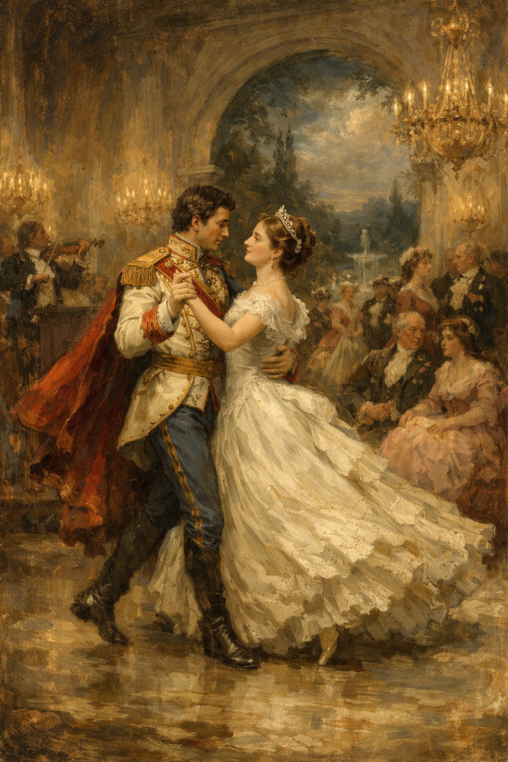 19th century european oil painting of prince and princess dancing