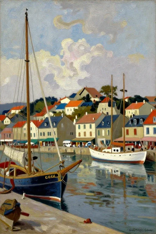 19th century european oil painting coastal town yacht harbor