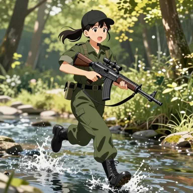 anime girl military outfit running river