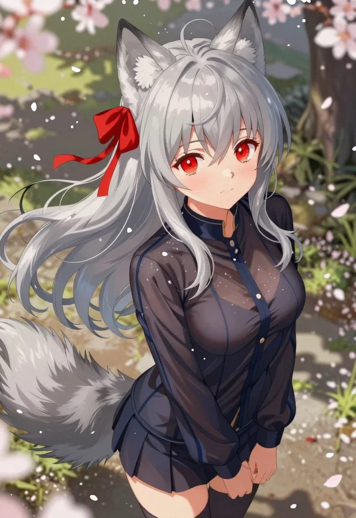 cute blushing wolf girl silver hair red eyes