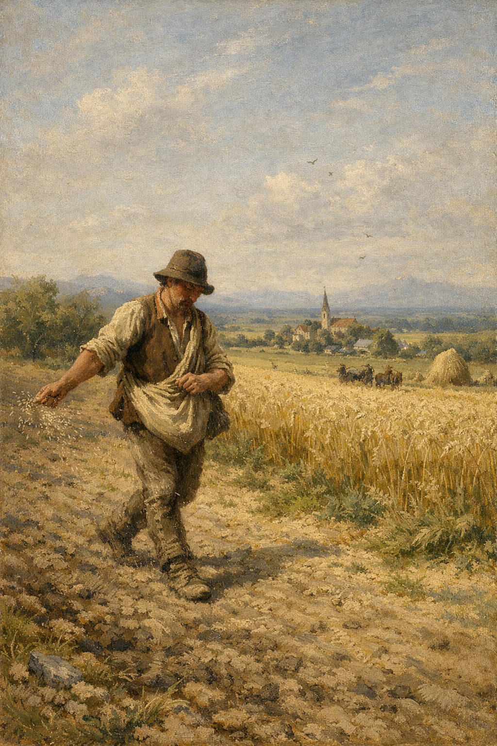 19th century european painting farmer sowing wheat