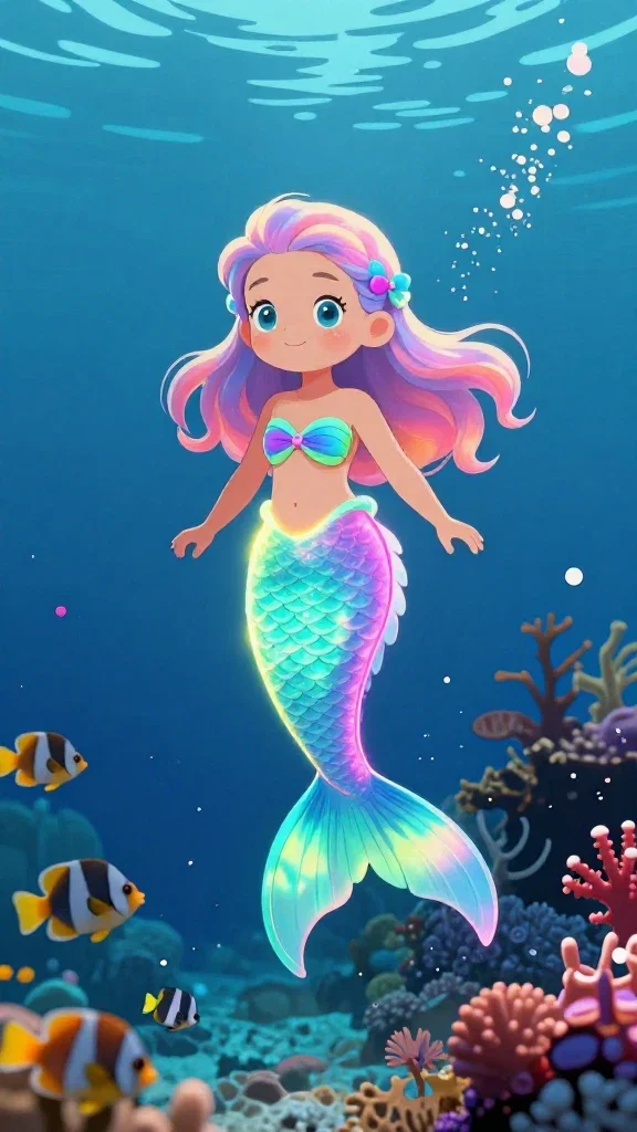 cute mermaid and tropical fish swim