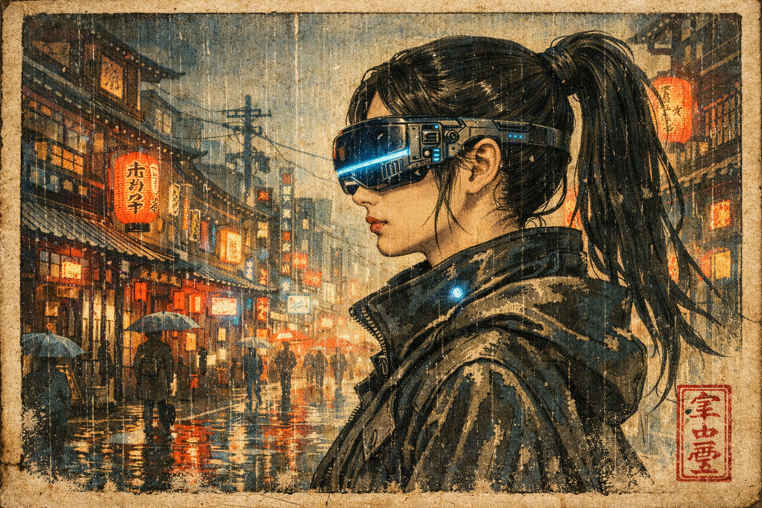 cyberpunk ukiyo e woman vr goggles raincoat
