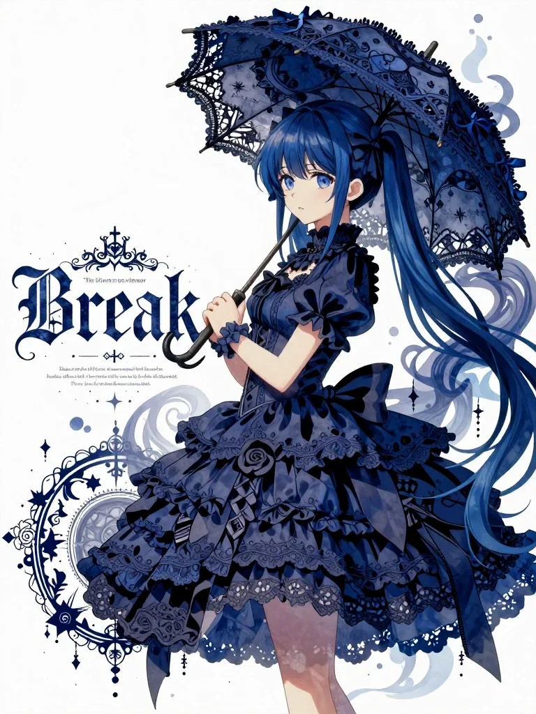 gothic lolita anime girl blue hair detailed