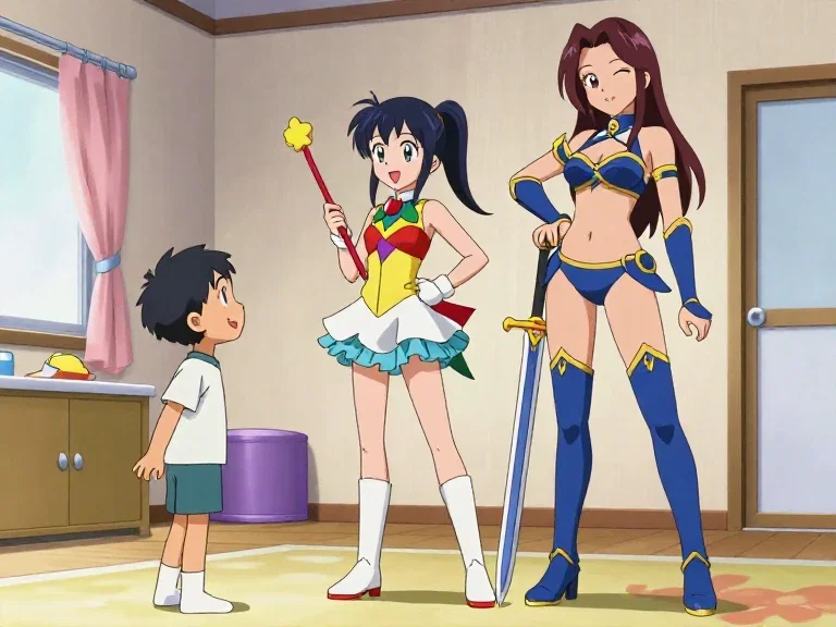 anime boy captivated by magical girl and warrior