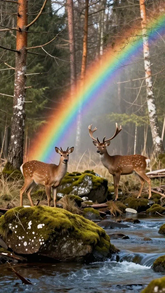 rainbow forest river deer scenery