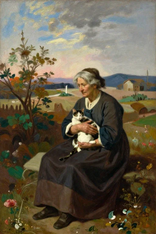 19th century european oil painting landscape old woman cat
