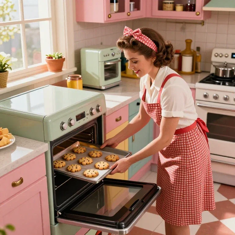 1950s housewife baking cookies in retro kitchen