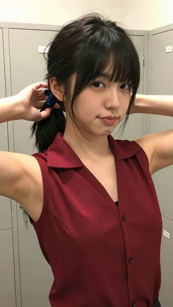 changing clothes dressing room japanese woman ponytail