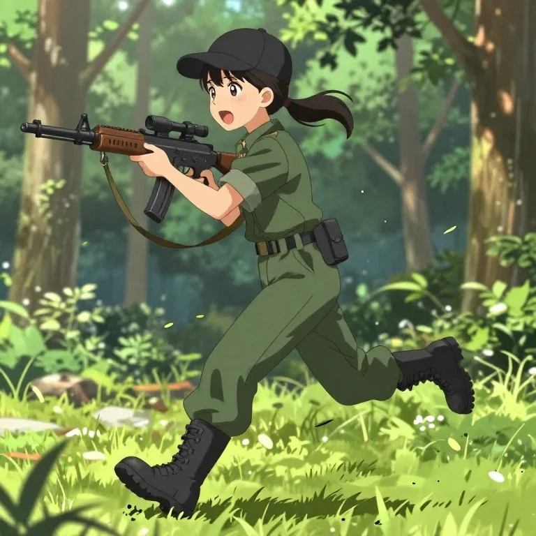 anime girl running in forest with rifle