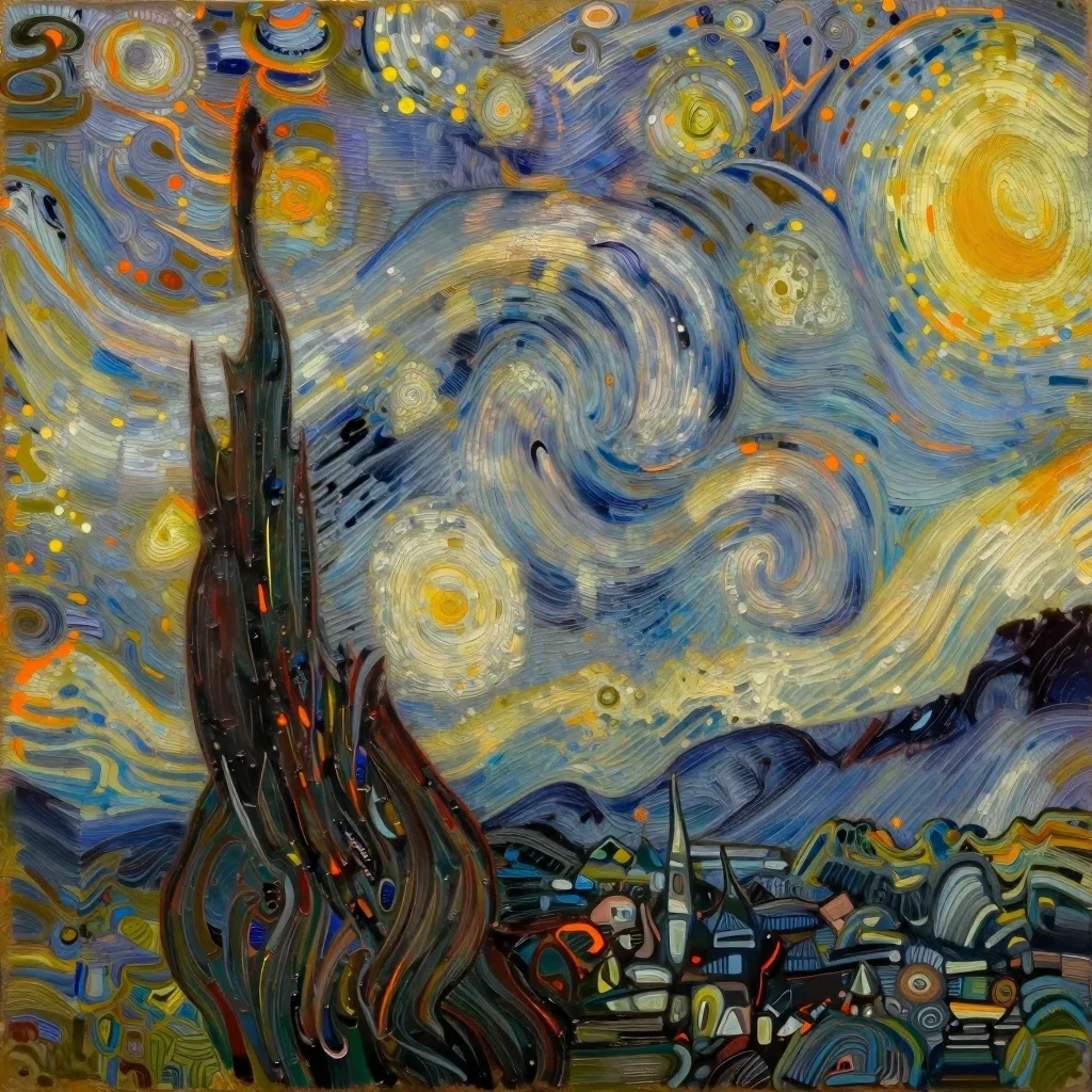 van gogh pointillism ethereal landscape gold black