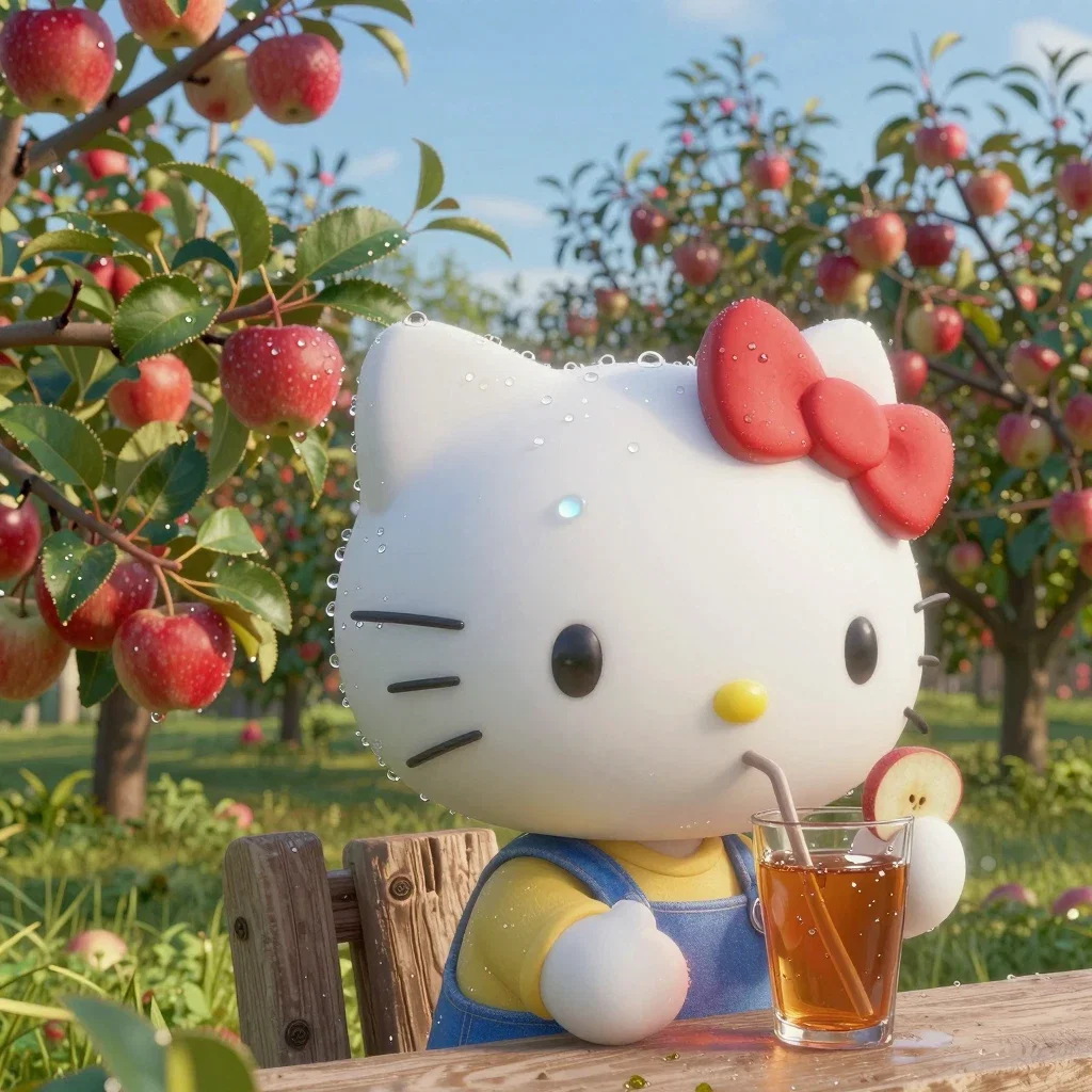 hello kitty drinking apple juice in orchard