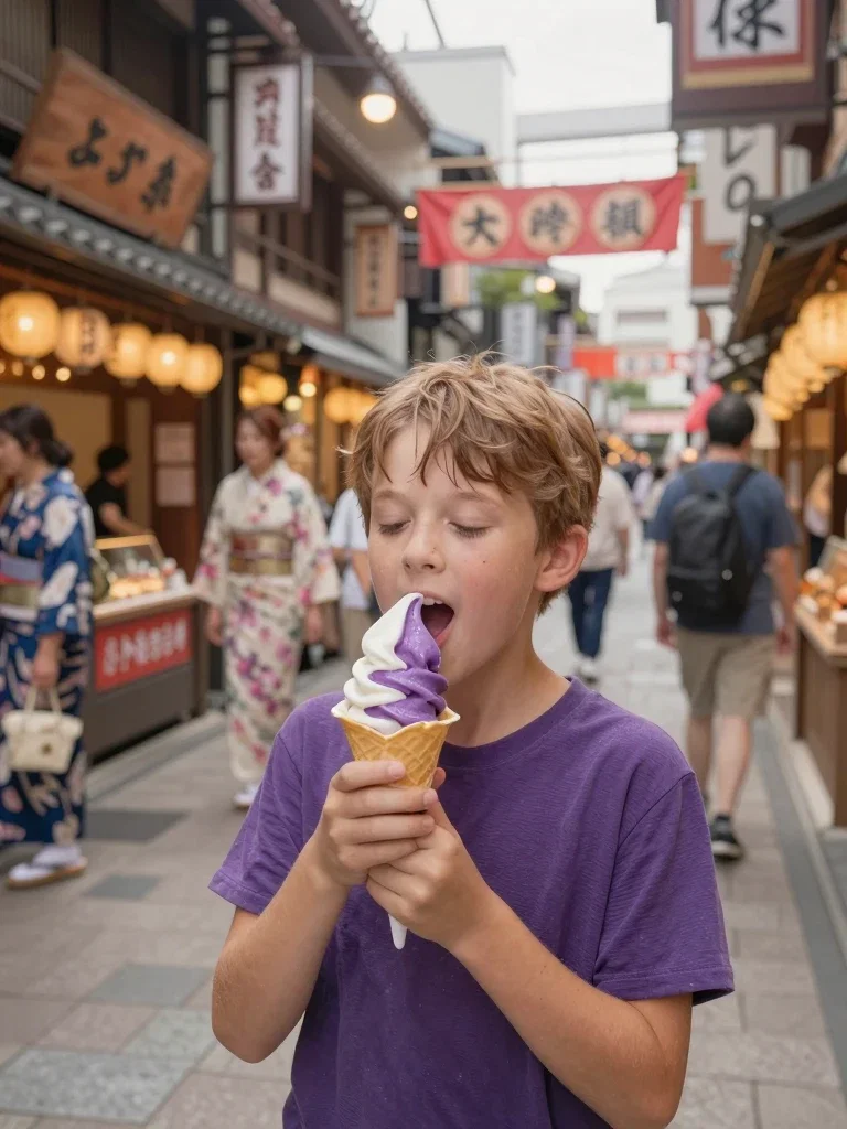 boy eating purple grape ice cream japanese street