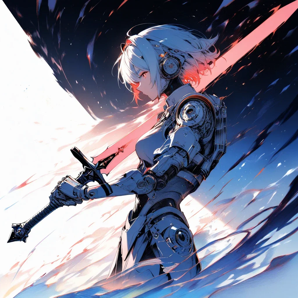 female android holding royal sword mechanical arm
