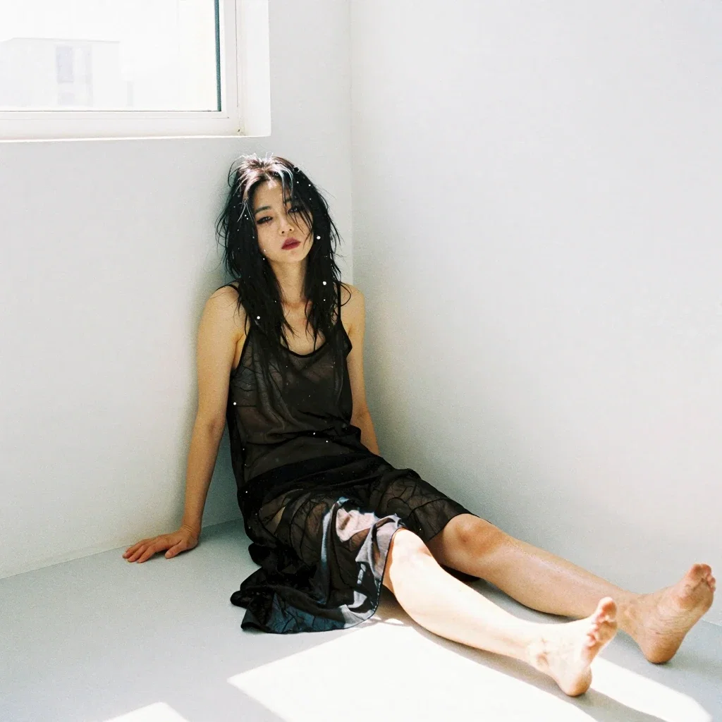 east asian woman slumped in sterile white room
