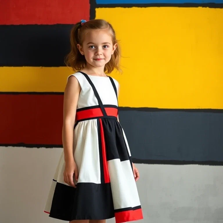 young girl in mondrian dress before painting