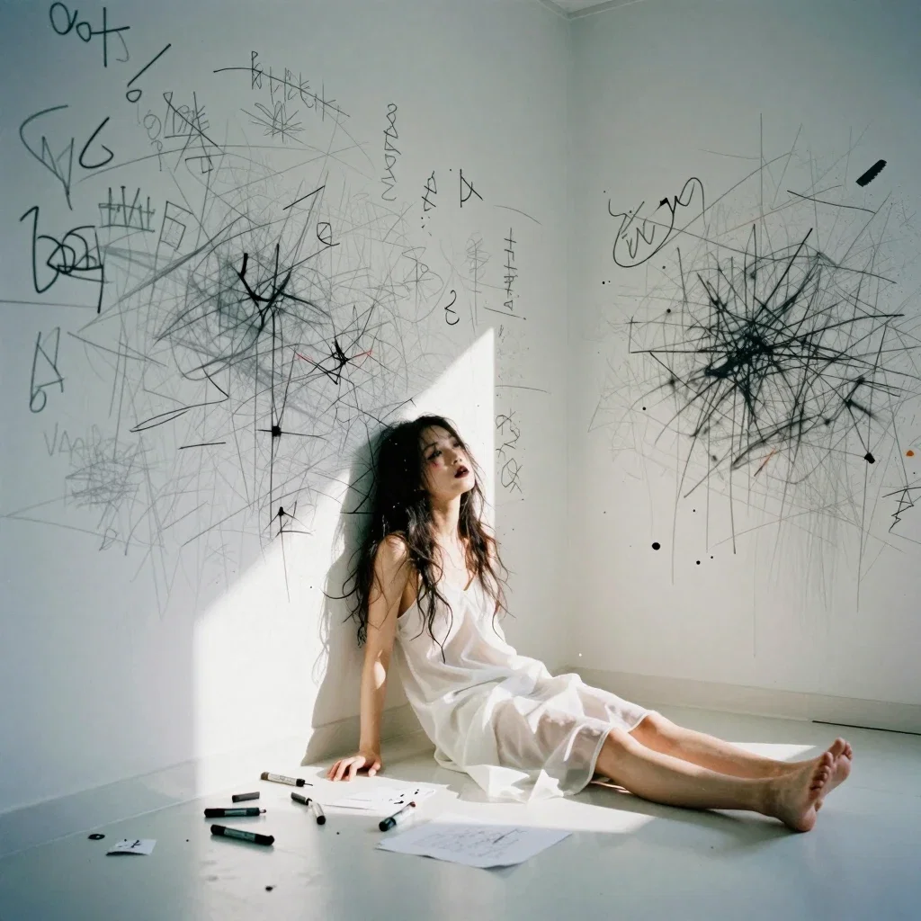 grainy photo of woman in scribbled white room
