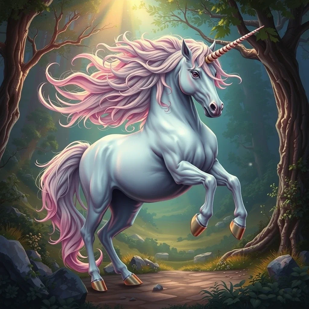 fantasy art hyperrealistic majestic unicorn forest