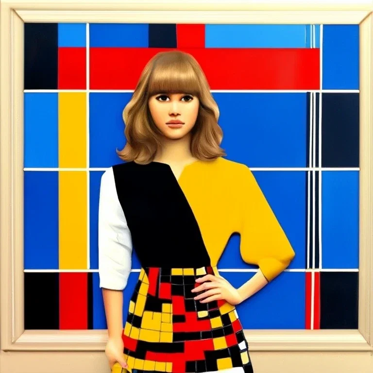 square oil painting portrait of young woman in mondrian dress